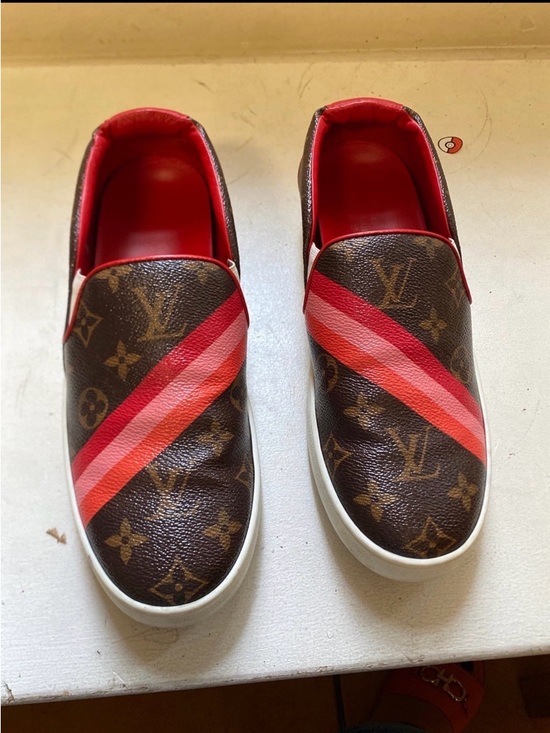 Louis Vuitton Shoes - Louis Vuitton Brown Monogram Slip-Ons with Red and Pink Diagonal Stripes